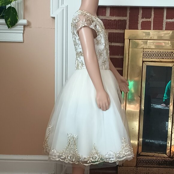 Rare Too Ivory Gold Beaded Dress 8 Formal Tulle with Cap Sleeves & Tan Sweater - Picture 6 of 12